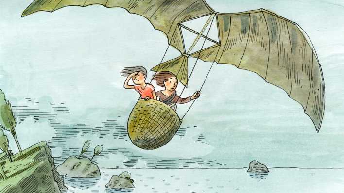 Bunte Zeichnung: Philippa und Mona in einem Fluggerät über großem Wasser (Quelle: rbb/OHRENBÄR/Jens Rassmus)