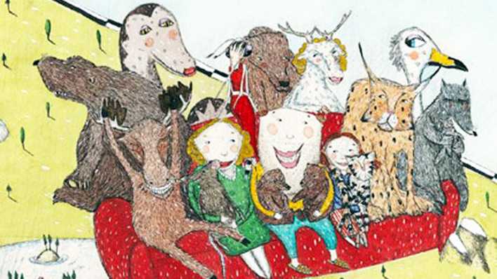 Bunte Zeichnung mit verschiedenen Tieren auf einer roten Couch, Ausschnitt Buchcover "Bärenpolka und Zauberflöte" (Quelle: erschienen bei NILPFERD im G&G Verlag, Wien 2006, 7,90 €)