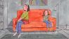Bunte Zeichnung: eine Frau und ein Mädchen auf einer roten Couch, ganz links bzw. rechts, mit trotzigem Blick schauen sie in die jeweils andere Richtung (Quelle: rbb/OHRENBÄR/Jens Rassmus)