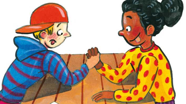 Bunte Zeichnung: Junge und Mädchen beim Armdrücken (Quelle: ARD/Erlbruch)