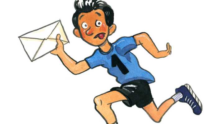 Bunte Zeichnung: ein Junge läuft, in der rechten Hand einen Brief (Quelle: ARD/Erlbruch)