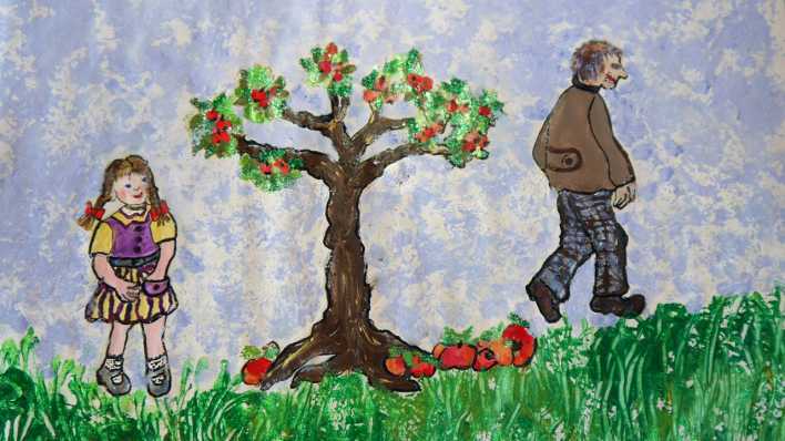 Bunte Zeichnung: Anni und ihr Opa, auf einer Wiese, zwischen ihnen ein Baum mit rotglitzernden Früchten (Quelle: Karin Gähler)