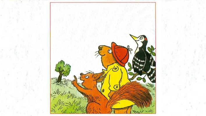Bunte Zeichnung: Biber & Specht und ein Eichhörnchen entdecken etwas im Wald (Quelle: Deutsche Grammophon / Erhard Dietl)