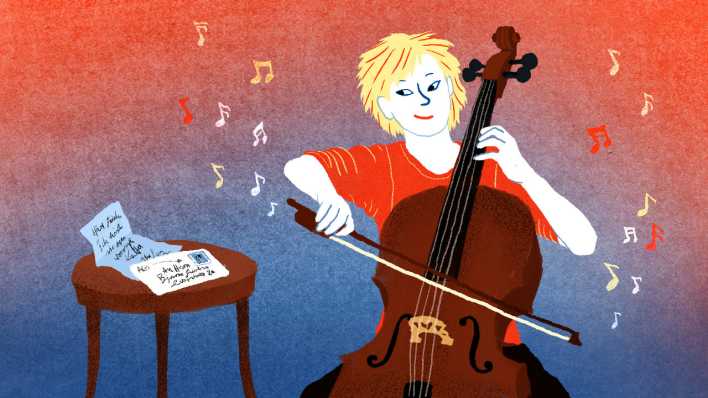 Bunte Zeichnung: ein Junge spielt Cello, rechts neben ihm ein kleiner Tisch, darauf liegt ein Brief (Quelle: rbb/OHRENBÄR/Elsa Klever)