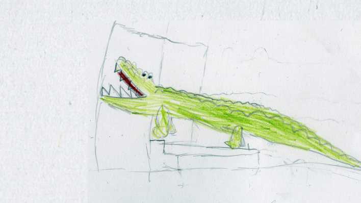 Bunte Kinderzeichnung: ein großes, grünes Krokodil mit weit geöffnetem Maul (Quelle: OHRENBÄR/Karl)