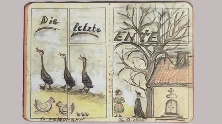 Bunte Zeichnung der Autorin in einem Notizheft: Baum vor einer Kirche, Enten, Hühner, Frau und Pfarrer (Quelle: Susanne Friedmann)