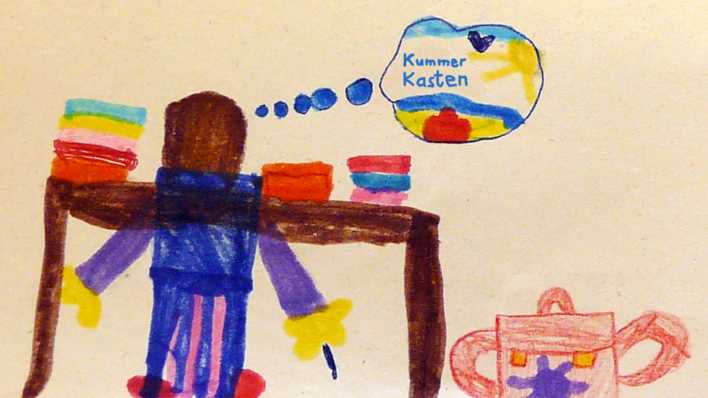 Bunte Kinderzeichnung: ein Mädchen sitzt an einem Kinderschreibtisch mit Büchern und Heften, eine Gedankenblase mit "Kummerkasten" (rbb/OHRENBÄR/Felicitas)