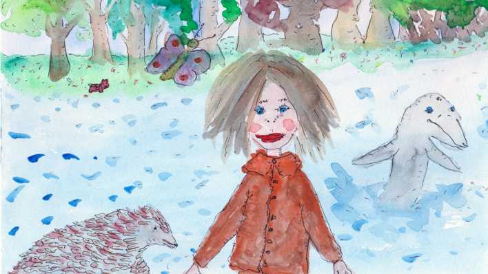 Bunte Zeichnung: ein Mädchen, vor einem Wald, umgeben von Tieren (Quelle: Karen Matting)