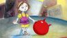 Bunte Zeichnung: das Mädchen Paloma mit dem roten Hüpfball (Quelle: Ruth Birkenfeld)