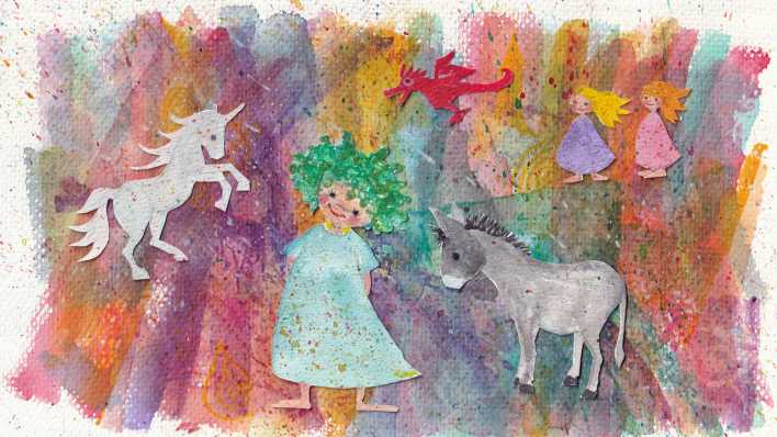 Bunte Zeichnung: Prinzessin Pilla, barfuß im Kleid, mit grünem Haar, umgeben von Einhorn, Esel und Drache (Quelle: Charlotte Rieger)