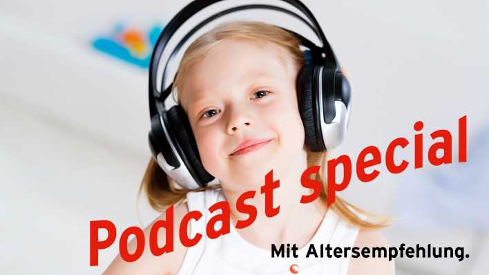 Mädchen mit Kopfhörer, roter Text: Podcast special (Quelle: Colourbox/Khakimullin Aleksandr)