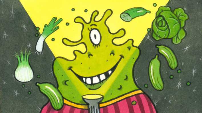 Bunte Zeichnung: Ein Alien im Taschenlampen-Schein, drumherum fliegt grünes Gemüse (Quelle: rbb/OHRENBÄR/Karsten Teich)