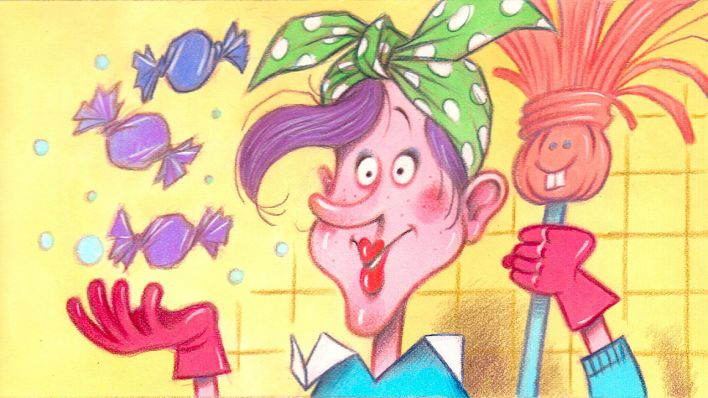 Bunte Zeichnung: Eine Putzfrau mit roten Gummihandschuhen, in der linken Hand ein Wischmopp mit lächelndem Gesicht, rechts jongliert sie Bonbons (Quelle: rbb/OHRENBÄR/Karsten Teich)