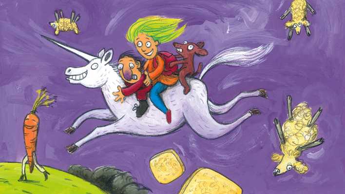 Bunte Zeichnung: ein weißes Einhorn fliegt durch die Luft, darauf zwei Menschen und ein Dackel, drumherum fliegen Schafe (Quelle: rbb/OHRENBÄR/Horst Klein)