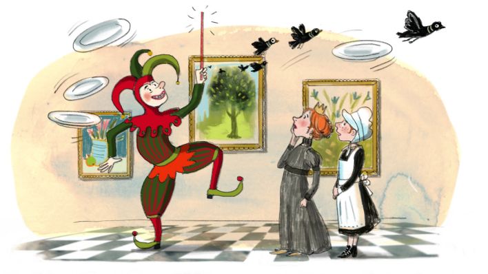 Bunte Zeichnung: ein Hofnarr jongliert mit Tellern, Prinzessin und ihr Mädchen schauen erstaunt zu, im Hintergrund Ölgemälde (Quelle: rbb/OHRENBÄR/Maja Bohn)