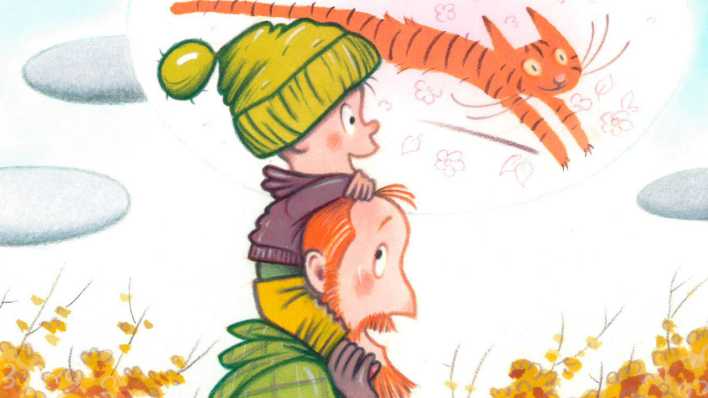 Bunte Zeichnung: ein Junge mit grüner Pudelmütze, auf den Schultern seines Vaters, über beiden fliegt eine Katze (Quelle: rbb/OHRENBÄR/Karsten Teich)
