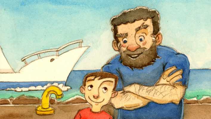 Bunte Zeichnung: Niko mit seinem bärtigen Onkel, dem Fährbär, im Hintergrund ein Schiff im Meer (Thorwald Spangenberg)