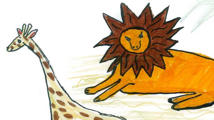 Bunte Kinderzeichnung: ein liegender Löwe, davor eine Giraffe (rbb/OHRENBÄR/Sara)