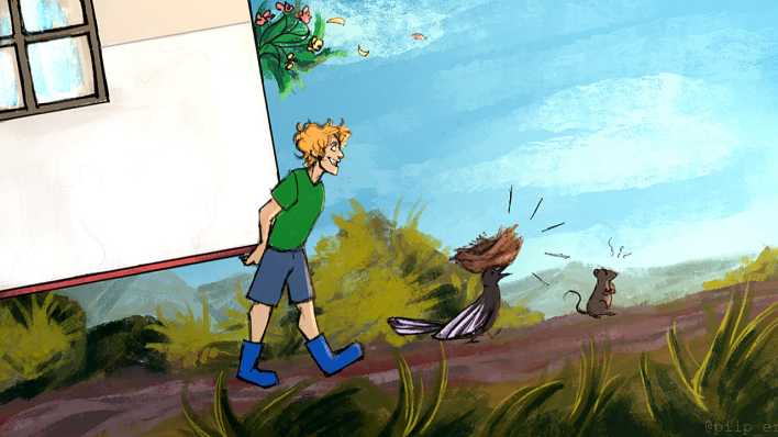 Bunte Zeichnung: ein Kind trägt ein Haus den Berg herauf (Quelle: Lou Kornblum)