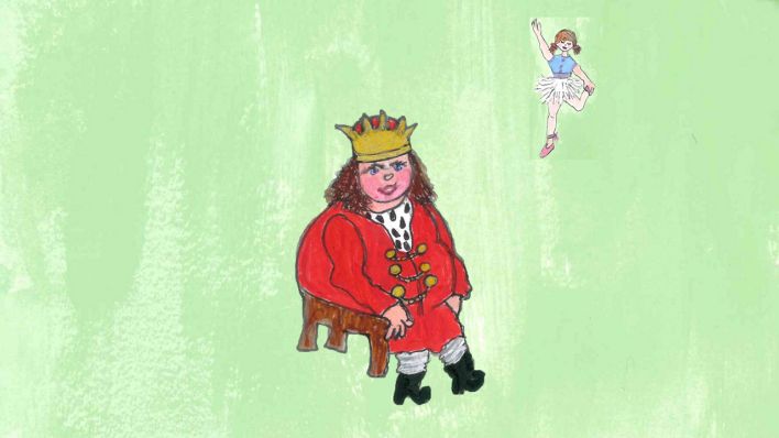 Bunte Zeichnung: König Klops sitzt mit Krone und Königsumhang auf einem Stuhl, über ihm schwebt die Seiltänzerin (Quelle: Karin Gähler)