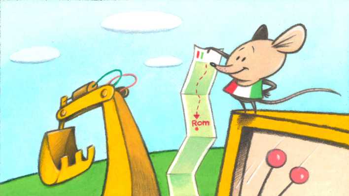 Bunte Zeichnung: Maus Luigi steht auf Bagger Gladiator und hält eine Karte in der Hand (Quelle: rbb/OHRENBAER/Karsten Teich)