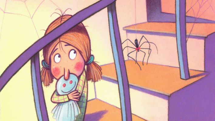 Bunte Zeichnung: ein Mädchen, ängstlich auf einer Treppe, daneben eine Spinne am Faden (Quelle: rbb/OHRENBÄR/Karsten Teich)