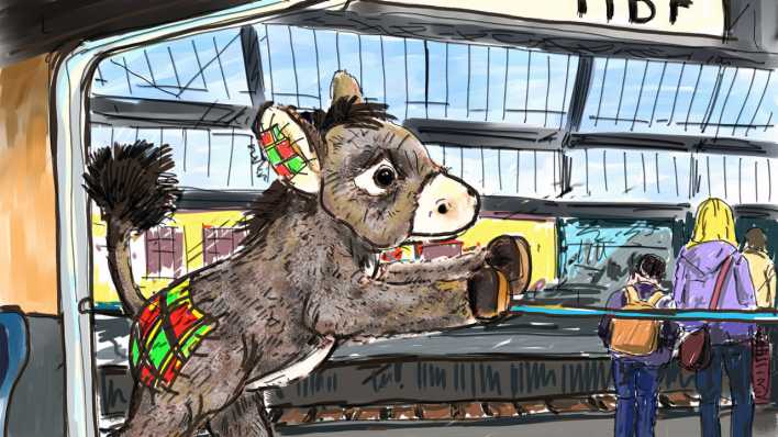 Bunte Zeichnung: ein Plüschesel am Bahnsteig (Quelle: H. D. Tylle) Bunte Zeichnung: ein Plüschesel am Bahnsteig (Quelle: H. D. Tylle)
