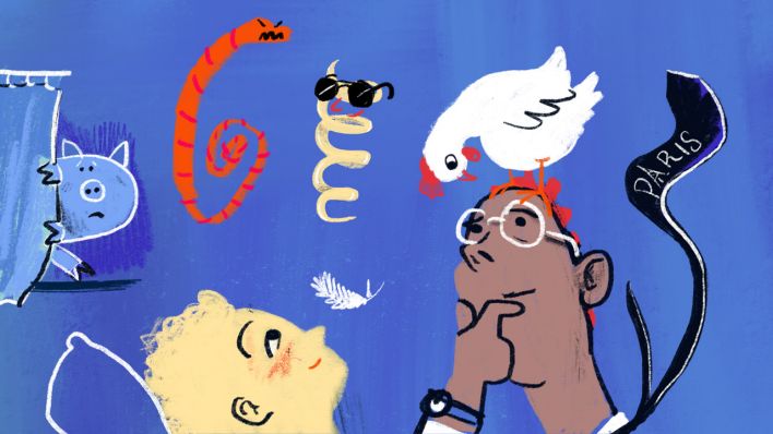 Bunte Zeichnung: ein Junge und ein Arzt mit einem Huhn auf dem Kopf, drumherum Würmer und ein blaues Schwein (Quelle: rbb/OHRENBÄR/Stephanie Brittnacher)