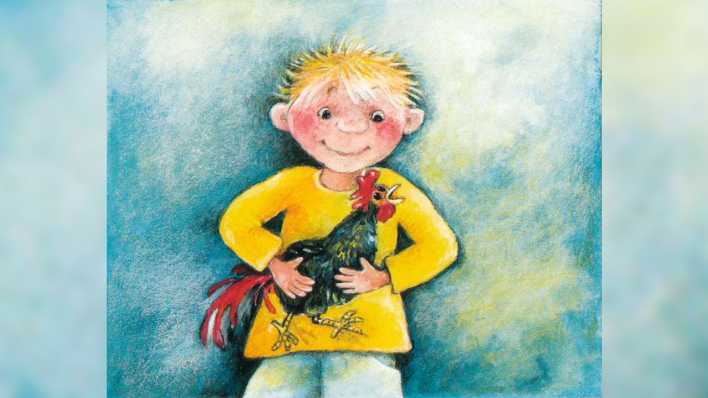 Bunte Zeichnung: ein Junge im gelben Pullover, mit einem Hahn in den Händen, der kräht (Quelle: Deutsche Grammophon/Jutta Timm)