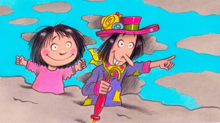 Bunte Zeichnung: ein Mädchen und eine Fee mit Hut und Schirm, in den Wolken, die Fee zeigt nach vorn (Quelle: rbb/OHRENBÄR/Karsten Teich)