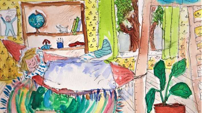 Bunte Zeichnung: ein Mädchen mit Gipsbein, sie liegt in der Hängematte in einem Kinderzimmer (Quelle: Karen Matting)