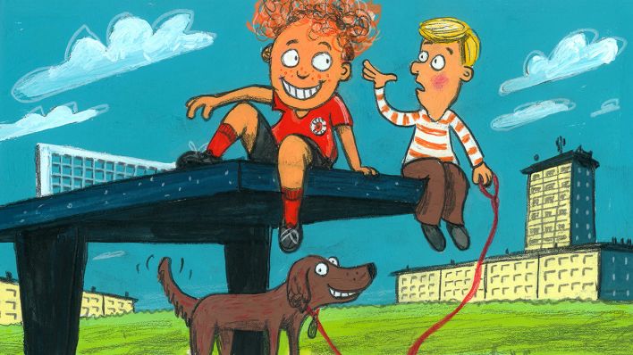 Bunte Zeichnung: zwei Jungen sitzen auf einer Tischtennisplatte, an der Leine ein Hund, im Hintergrund Hochhäuser (Quelle: rbb/OHRENBÄR/Horst Klein)
