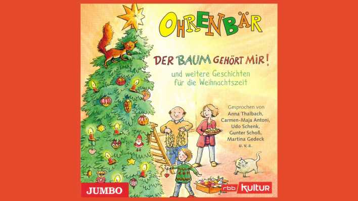 CD-Cover, bunte Zeichnung: eine Familie schmückt einen Weihnachtsbaum (Quelle: Jumbo Verlag)