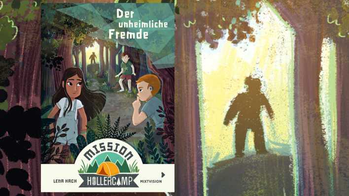 Buchcover mit bunter Zeichnung: drei Kinder im Wald, aus dem Hintergrund nähert sich eine Gestalt (Quelle: Mixtvision)