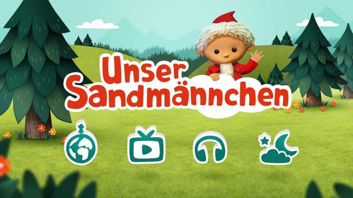 Startseite der Sandmann-App, Sandmännchen winkt, grüne Wiese und Bäume, grün-weiße Button (Quelle: rbb/ahoiii ) Startseite der Sandmann-App, Sandmännchen winkt, grüne Wiese und Bäume, grün-weiße Button (Quelle: rbb/ahoiii )
