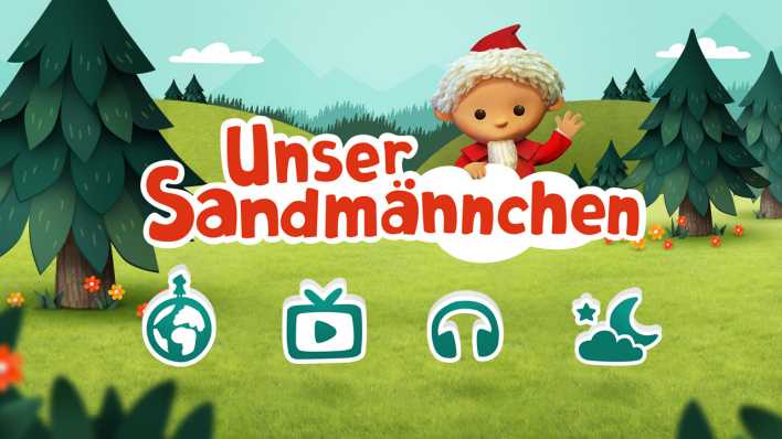 Startseite der Sandmann-App, Sandmännchen winkt, grüne Wiese und Bäume, grün-weiße Button (Quelle: rbb/ahoiii )