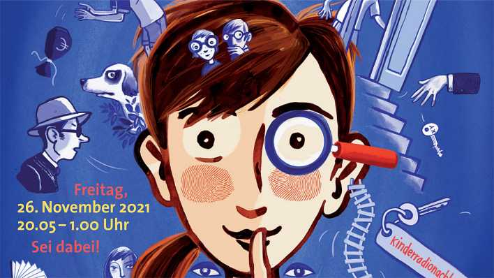 Bunte Zeichnung, Plakatauschnitt: ein Mädchen mit einer Lupe vor dem linken Auge macht "Psssst!" (Quelle: ARD)
