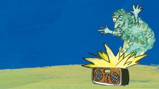 Bunte Zeichnung: ein grüner Geist kommt aus einem Radio, blauer Hintergrund (Quelle: ARD)