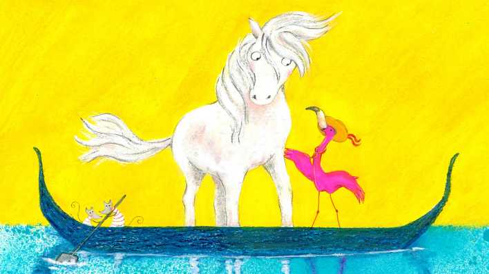 Bunte Zeichnung: ein Pferd und ein Flamingo auf einer Gondel im Wasser, am Ruder zwei Mäuse (Quelle: rbb/OHRENBÄR/Fariba Gholizadeh)