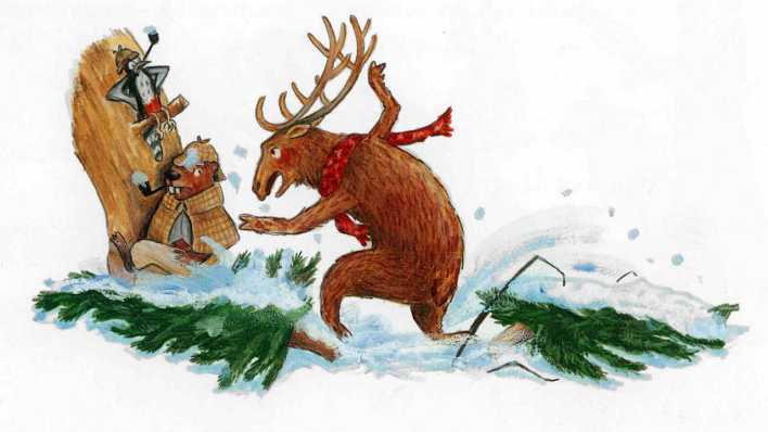 Schnee und grüne Äste, Biber und Specht lehnen am Baum, ein Hirsch kommt auf sie zu (Quelle: Ellermann Verlag / Barbara Korthues)