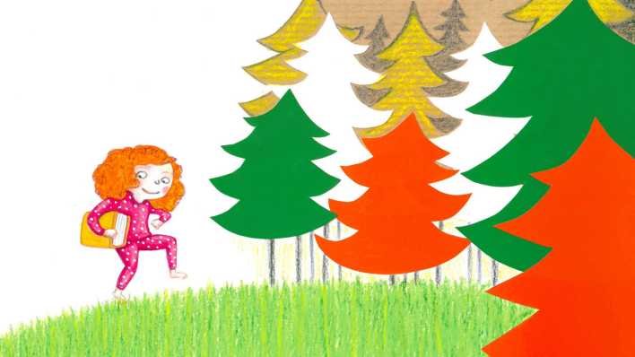 Bunte Zeichnung: ein Mädchen, roter Schlafanzug mit weißen Punkten, ein Buch unter dem rechten Arm, läuft in einen bunten Tannenwald (Quelle: rbb/OHRENBÄR/Fariba Gholizadeh)