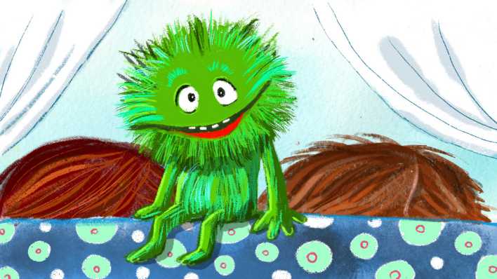 Bunte Zeichnung: ein sitzendes, grünes, haariges Handpuppen-Monster, im Hintergrund zwei Kinderköpfe (Quelle: rbb/OHRENBÄR/Maja Bohn)