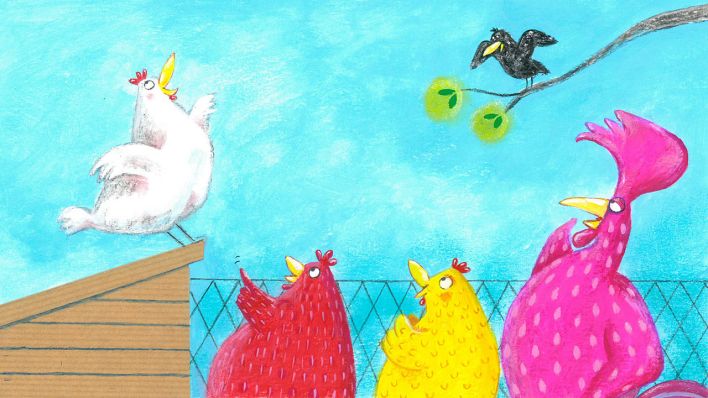 Bunte Zeichnung: ein weißes Huhn singt auf einem Dach, andere Tiere schauen bewundernd zu (Quelle: rbb/OHRENBAER/Fariba Gholizadeh)