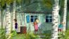 Ein Häuschen in einem Birkenwäldchen, vier Kinder drumherum beobachten Haus und Umfeld (Quelle: rbb/OHRENBÄR/Maja Bohn)