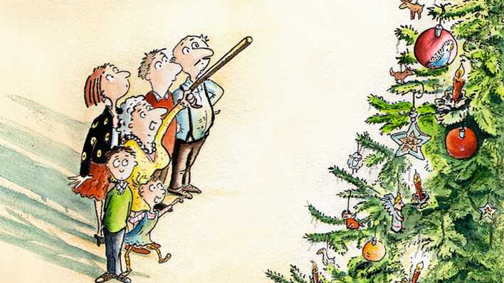 Bunte Zeichnung: Familie mit Tante Traudl vor dem großen Weihnachtsbaum (Quelle: Oetinger/Ute Krause)