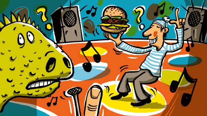 Bunte Zeichnung: ein Mann balanciert einen Burger auf der Tanzfläche (Quelle: rbb/OHRENBÄR/Horst Klein)
