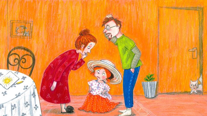 Bunte Zeichnung: ein Kind mit gepunktetem Rock und Damenhut, Mama und Papa schauen zu ihr (rbb/OHRENBÄR/Fariba Gholizadeh)
