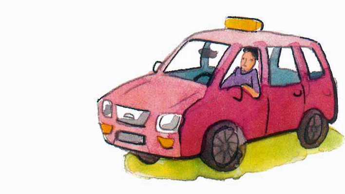 Bunte Zeichnung: ein rotes Auto mit Fahrerin, auf dem Auto ein gelbes Schild (Quelle: Ellermann Verlag/Iris Hardt)