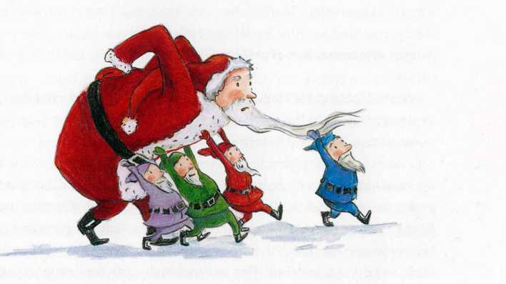 Bunte Zeichnung: der Weihnachtsmann mit Hexenschuss wird von vier Zwergen beim Gehen gestützt (Quelle: Ellermann Verlag/Barbara Korthues)