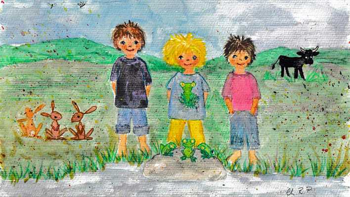 Bunte Zeichnung: drei Kinder auf einer Wiese (Quelle: Charlotte Rieger)